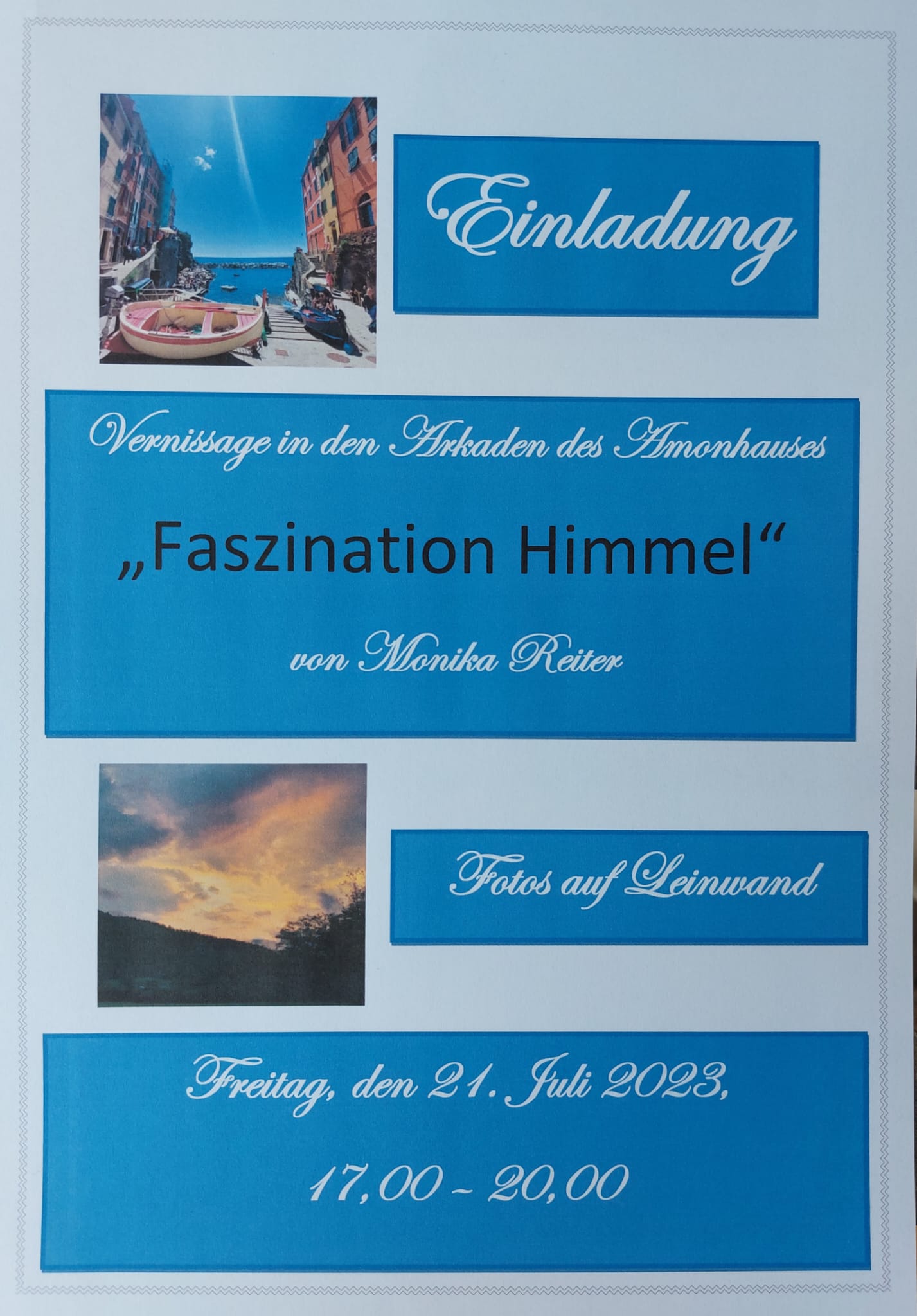 Einladung zur Vernissage „Faszination Himmel“ in den Arkaden des Amonhauses von Monika Reiter
